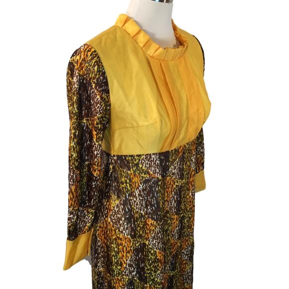 60s Mayfair Cotton Lined Yellow Fall Abstract Maxi Dress Pleated Long Sleeve - Picture 2 of 8